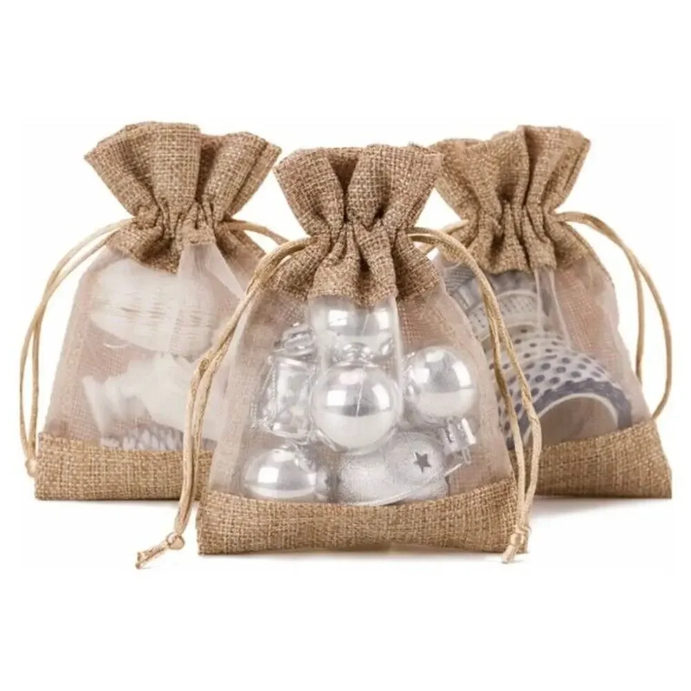 12 Pack Burlap Drawstring Gift Bags Organza Treat Bag Pouch Wedding 5x7 Window